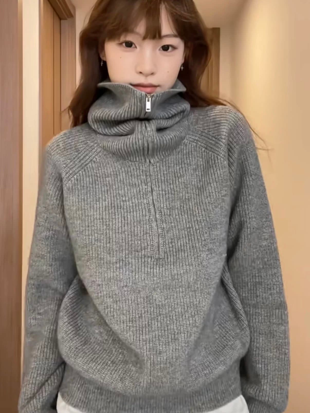 레트로 작은 대중 회색 폴로 칼라 지퍼 니트 스웨터 스웨터 가을 겨울 품격 출퇴근 보온 맨위 여성 상세 이미지 2
