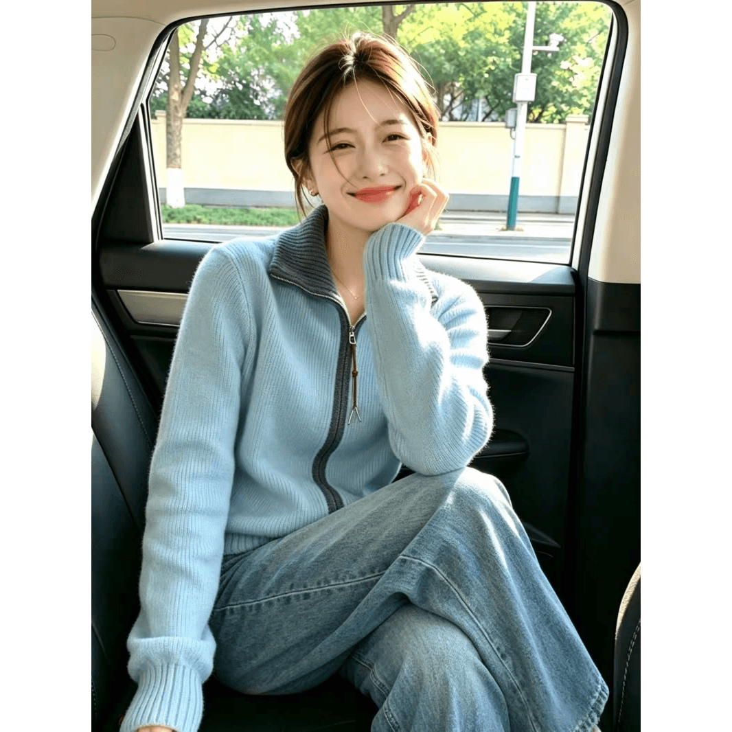 파란색 더블 지퍼 폴로 칼라 슬림해 보이는 니트 스웨터 카디건 코트 여성 부드러운 찹쌀 배색 디자인 센스 작은 대중 맨위 이미지 5