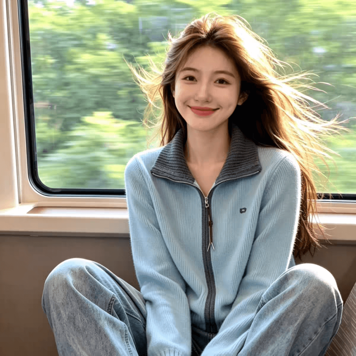 파란색 더블 지퍼 폴로 칼라 슬림해 보이는 니트 스웨터 카디건 코트 여성 부드러운 찹쌀 배색 디자인 센스 작은 대중 맨위 상세 이미지 2