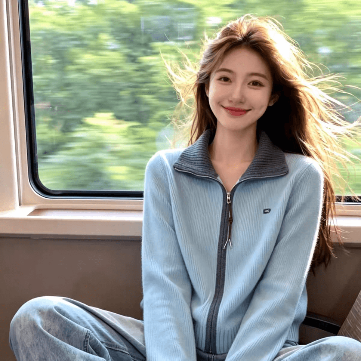 파란색 더블 지퍼 폴로 칼라 슬림해 보이는 니트 스웨터 카디건 코트 여성 부드러운 찹쌀 배색 디자인 센스 작은 대중 맨위 상세 이미지 4