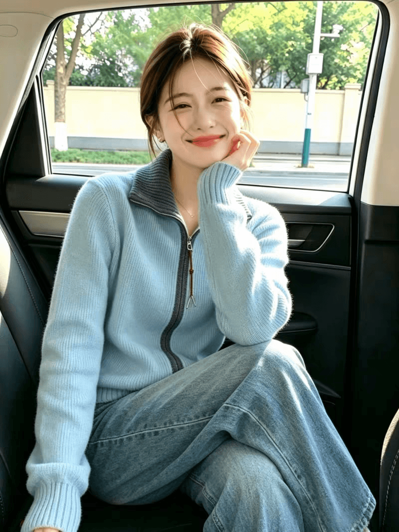 파란색 더블 지퍼 폴로 칼라 슬림해 보이는 니트 스웨터 카디건 코트 여성 부드러운 찹쌀 배색 디자인 센스 작은 대중 맨위 상세 이미지 5