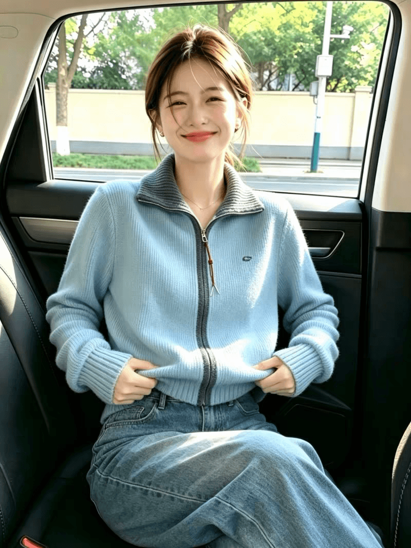 파란색 더블 지퍼 폴로 칼라 슬림해 보이는 니트 스웨터 카디건 코트 여성 부드러운 찹쌀 배색 디자인 센스 작은 대중 맨위 상세 이미지 6
