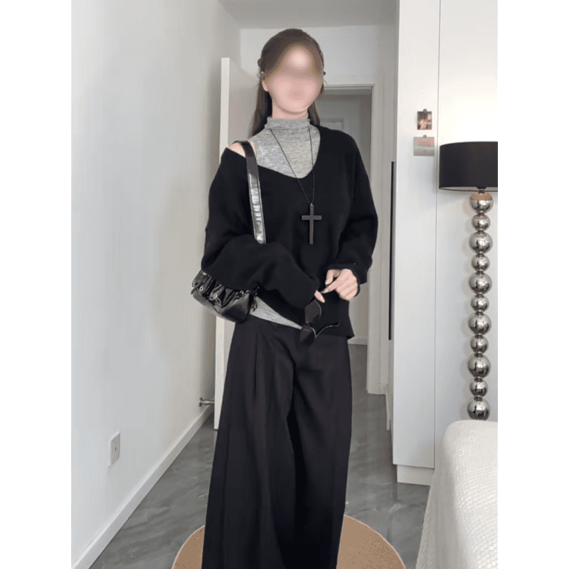 한 부서 품격 검정색 V넥 니트 스웨터 스택 착용 터틀넥 투피스 조끼 세트 상세 이미지 6