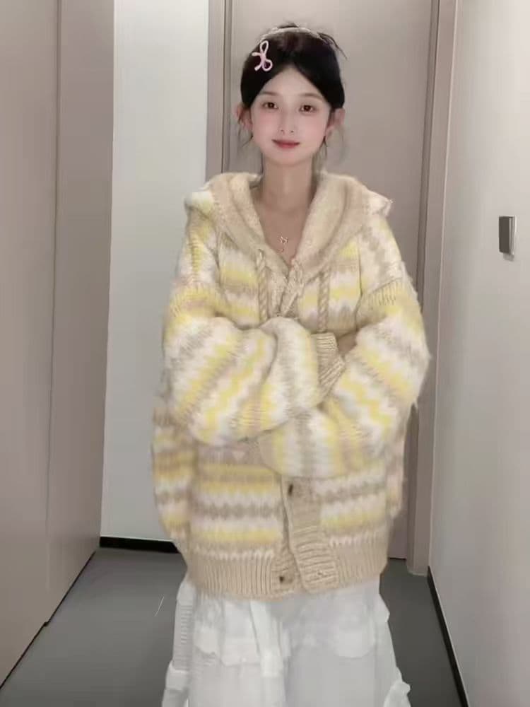 프랑스식 부드러운 스트라이프 후드 부드러운 찹쌀 스웨터 느긋한 바람 배색 두꺼운 니트 오픈 가디건 맨위 상세 이미지 5