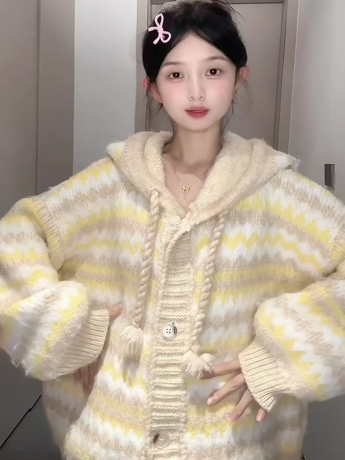 프랑스식 부드러운 스트라이프 후드 부드러운 찹쌀 스웨터 느긋한 바람 배색 두꺼운 니트 오픈 가디건 맨위 상세 이미지 6