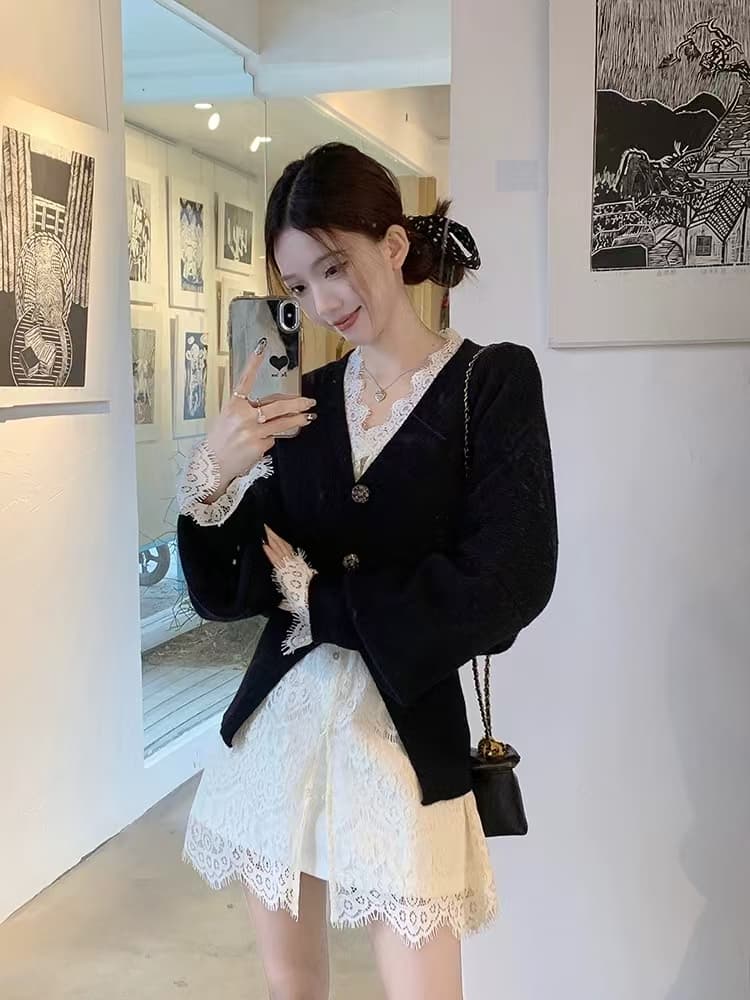 디자인 센스 프랑스식 트임 V넥 스웨터 오픈 가디건 여성 6 가을 새로운 한 부서 Chic 긴팔 니트 맨위 이미지 3