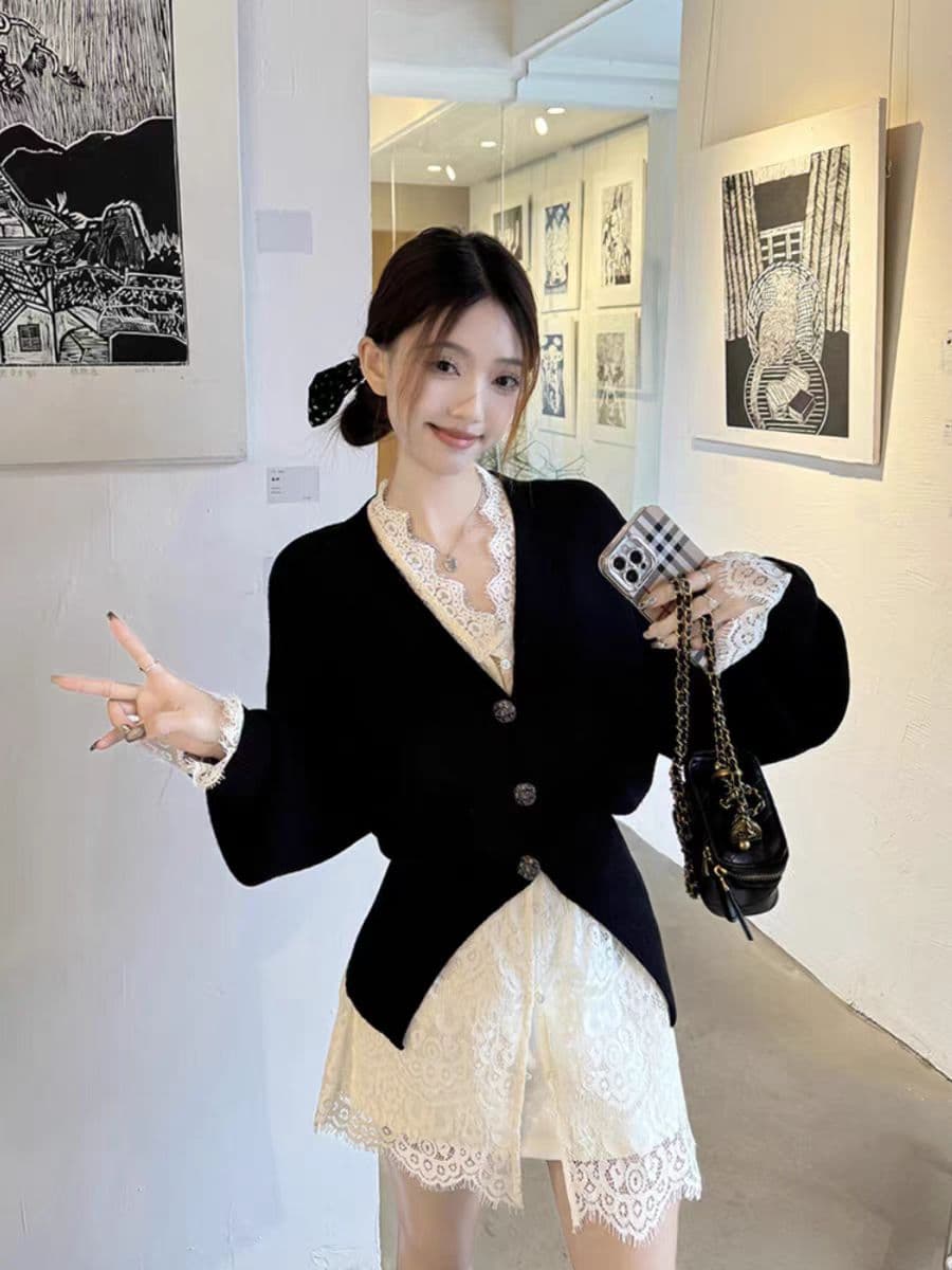 디자인 센스 프랑스식 트임 V넥 스웨터 오픈 가디건 여성 6 가을 새로운 한 부서 Chic 긴팔 니트 맨위 상세 이미지 2