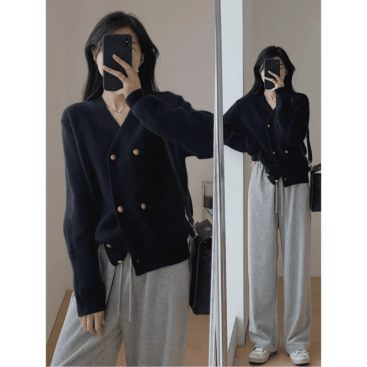 가을 겨울 새로운 프랑스식 레트로 검정색 V넥 스웨터 여자 샤오시엔 느긋한 바람 레트로 니트 카디건 코트 맨위 이미지 5