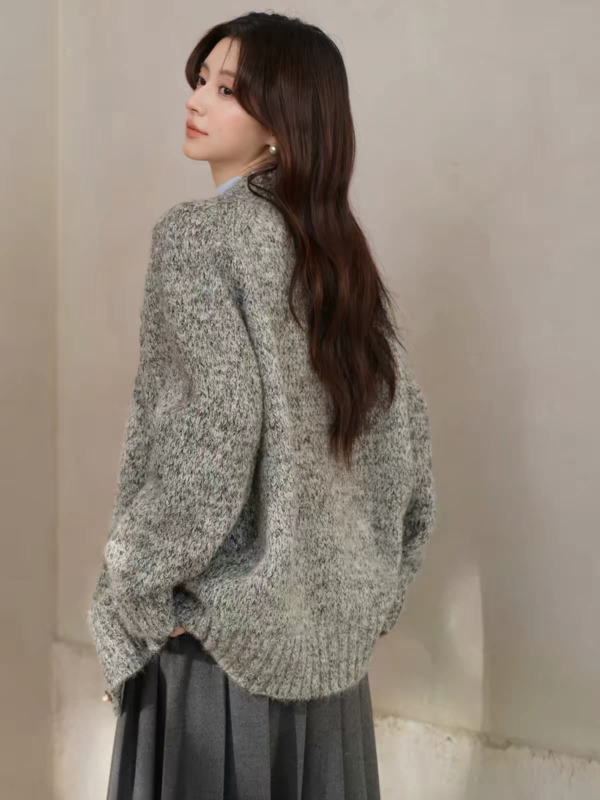 한 부서 가을 겨울 양모 레트로 V넥 스웨터 오픈 가디건 여성 겨울 캐주얼 느긋한 부드러운 찹쌀 루즈핏 보온 재킷 상세 이미지 3