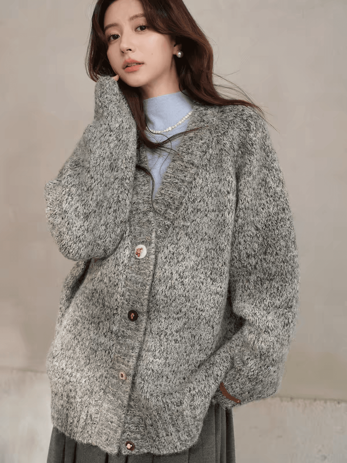 한 부서 가을 겨울 양모 레트로 V넥 스웨터 오픈 가디건 여성 겨울 캐주얼 느긋한 부드러운 찹쌀 루즈핏 보온 재킷 상세 이미지 4