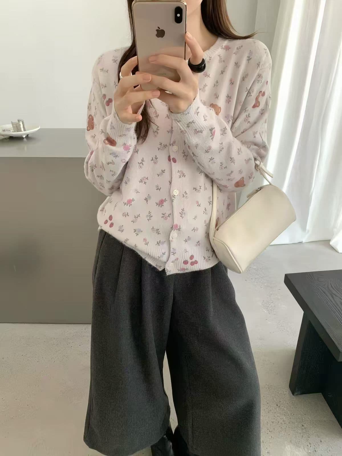 한 부서 작은 곰 꽃무늬 라운드 넥 루즈핏 긴팔 니트 오픈 가디건 여성 레저 슬림해 보이는 연령 감소 부드러운 찹쌀 스웨터 코트 상세 이미지 1