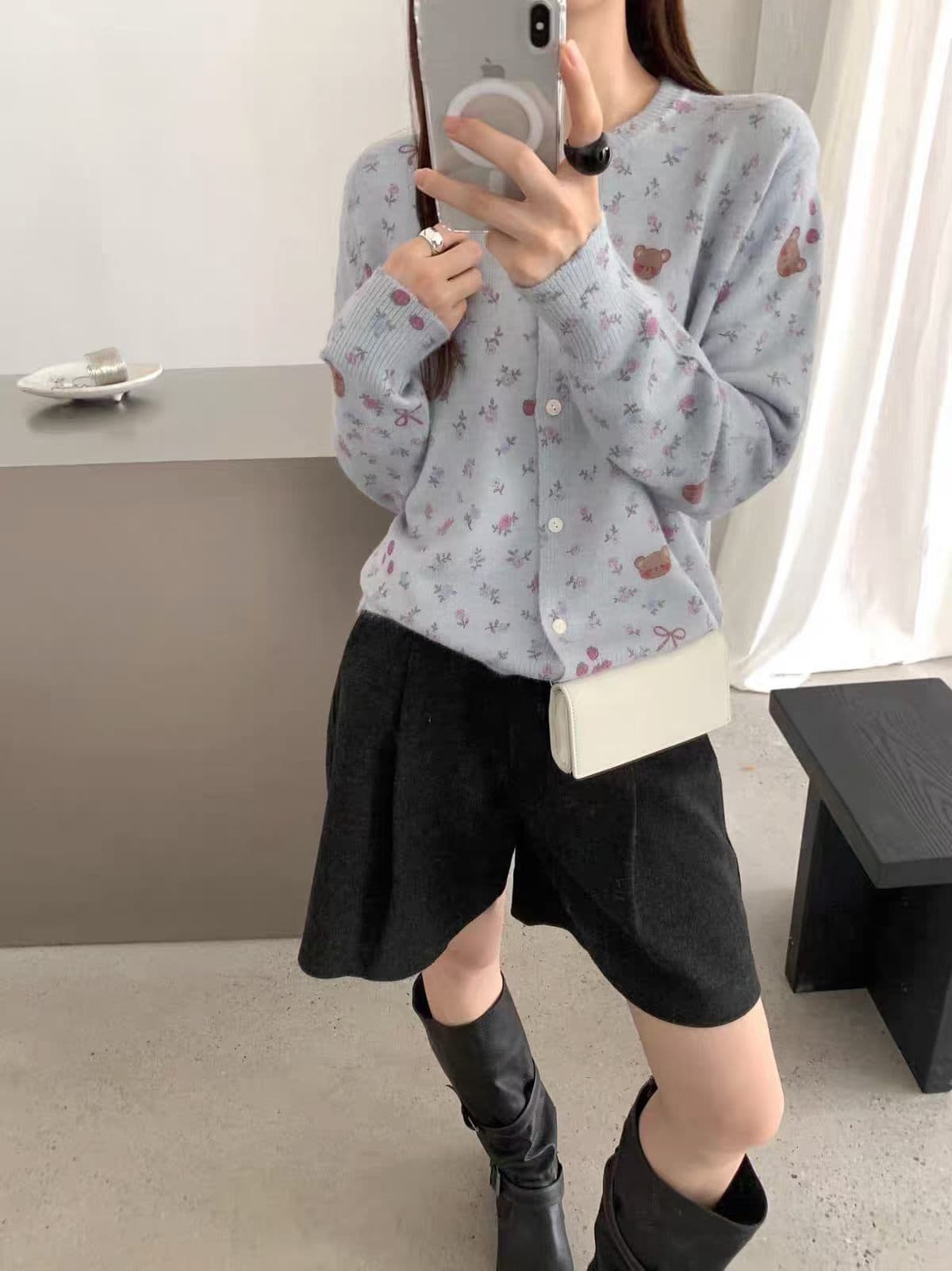 한 부서 작은 곰 꽃무늬 라운드 넥 루즈핏 긴팔 니트 오픈 가디건 여성 레저 슬림해 보이는 연령 감소 부드러운 찹쌀 스웨터 코트 상세 이미지 2