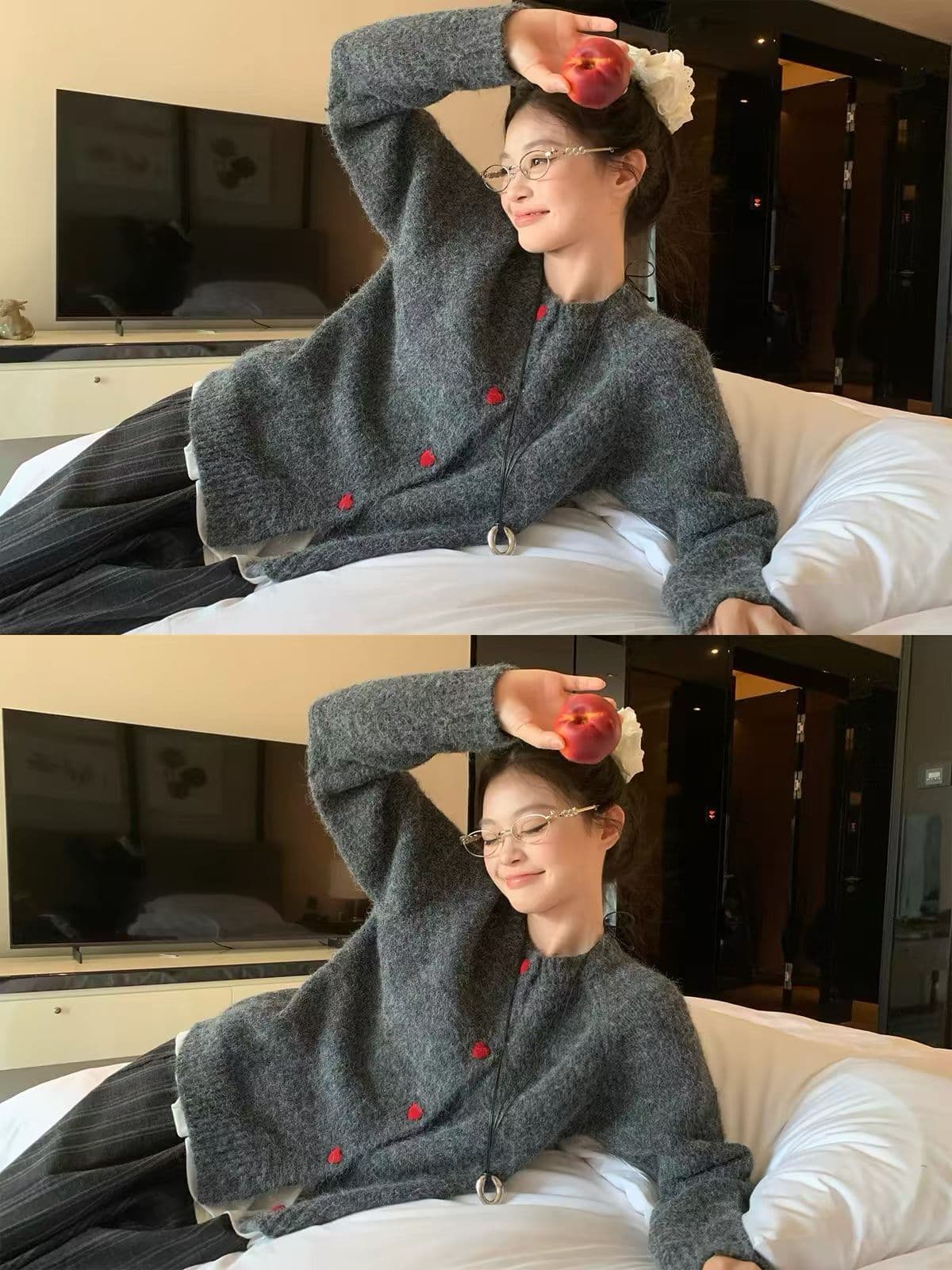 송 긍정적 인 En 밀크 티 색상 라운드 넥 스웨터 여성 코트 가을 겨울 한 부서 부드러운 찹쌀 느긋한 다용도 루즈핏 니트 오픈 가디건 트렌디 상세 이미지 3