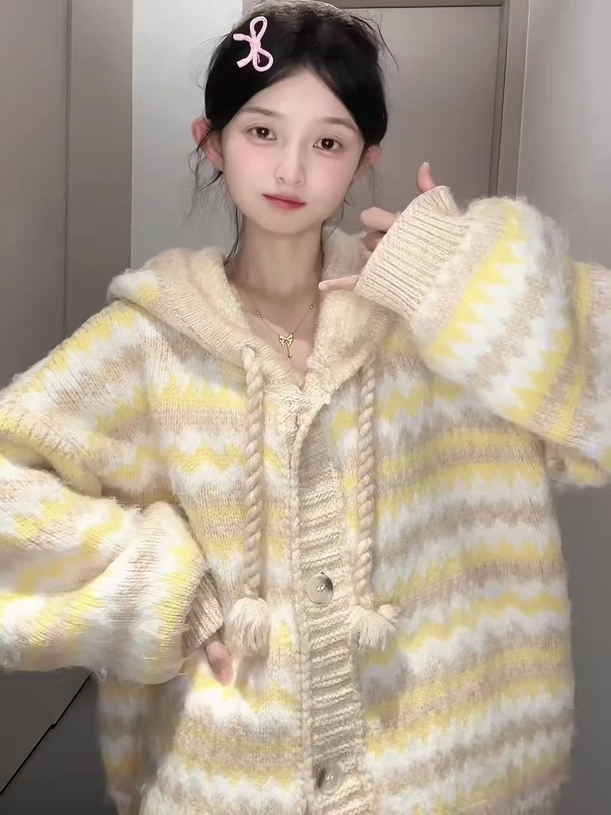 프랑스식 부드러운 스트라이프 후드 부드러운 찹쌀 스웨터 느긋한 바람 배색 두꺼운 니트 오픈 가디건 맨위 상세 이미지 3