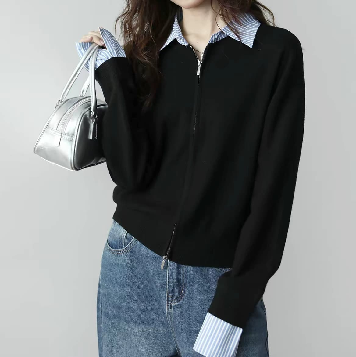 한 부서 페이크 레이어드 폴로 칼라 니트 오픈 가디건 스웨터 여성 코트 품격 디자인 센스 고급 센스 지퍼 열기 셔츠 여성 이미지 2