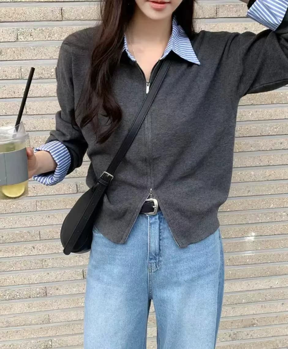 한 부서 페이크 레이어드 폴로 칼라 니트 오픈 가디건 스웨터 여성 코트 품격 디자인 센스 고급 센스 지퍼 열기 셔츠 여성 상세 이미지 1