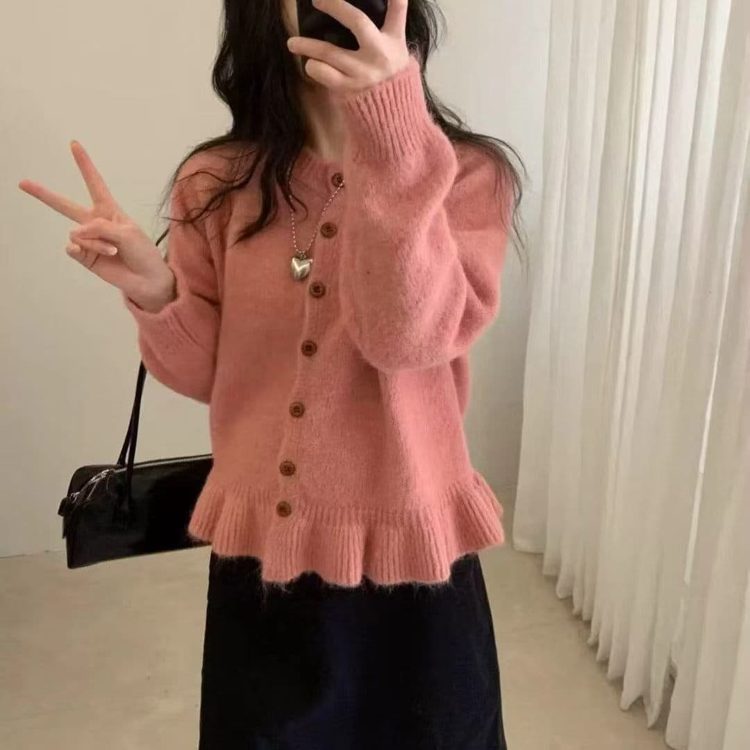한 부서 느긋한 바람 밑단 프릴 라운드 넥 니트 오픈 가디건 여성 봄 가을 겨울 새로운 패션 연령 감소 스웨터 코트 이미지 5