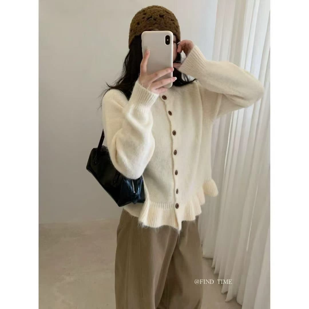한 부서 느긋한 바람 밑단 프릴 라운드 넥 니트 오픈 가디건 여성 봄 가을 겨울 새로운 패션 연령 감소 스웨터 코트 상세 이미지 3