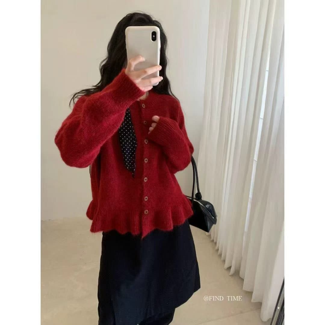 한 부서 느긋한 바람 밑단 프릴 라운드 넥 니트 오픈 가디건 여성 봄 가을 겨울 새로운 패션 연령 감소 스웨터 코트 상세 이미지 8