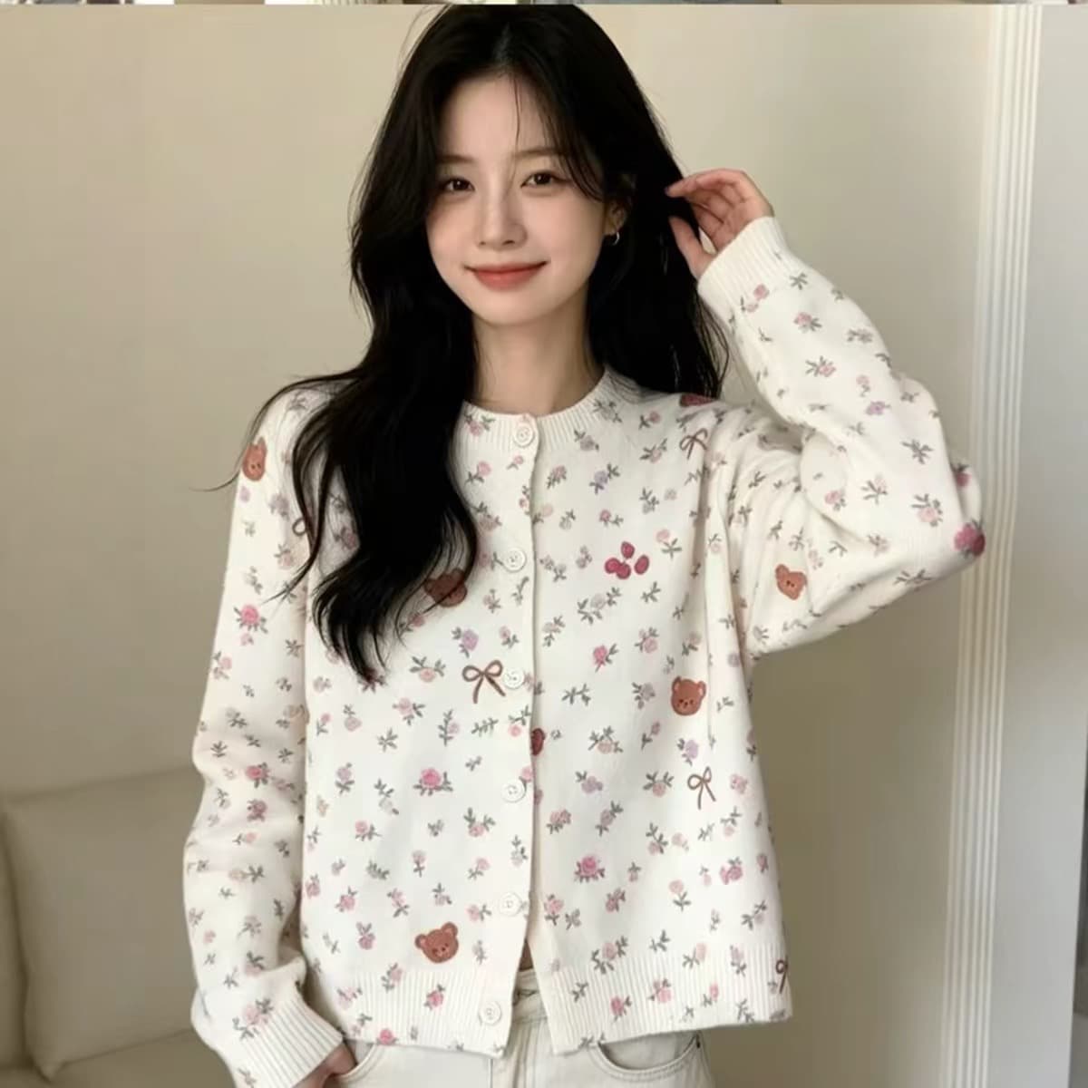 한 부서 꽃무늬 작은 곰 니트 오픈 가디건 여성 가을 새로운 스웨터 코트 슬림해 보이는 다용도 달콤함 연령 감소 맨위 트렌디 이미지 3