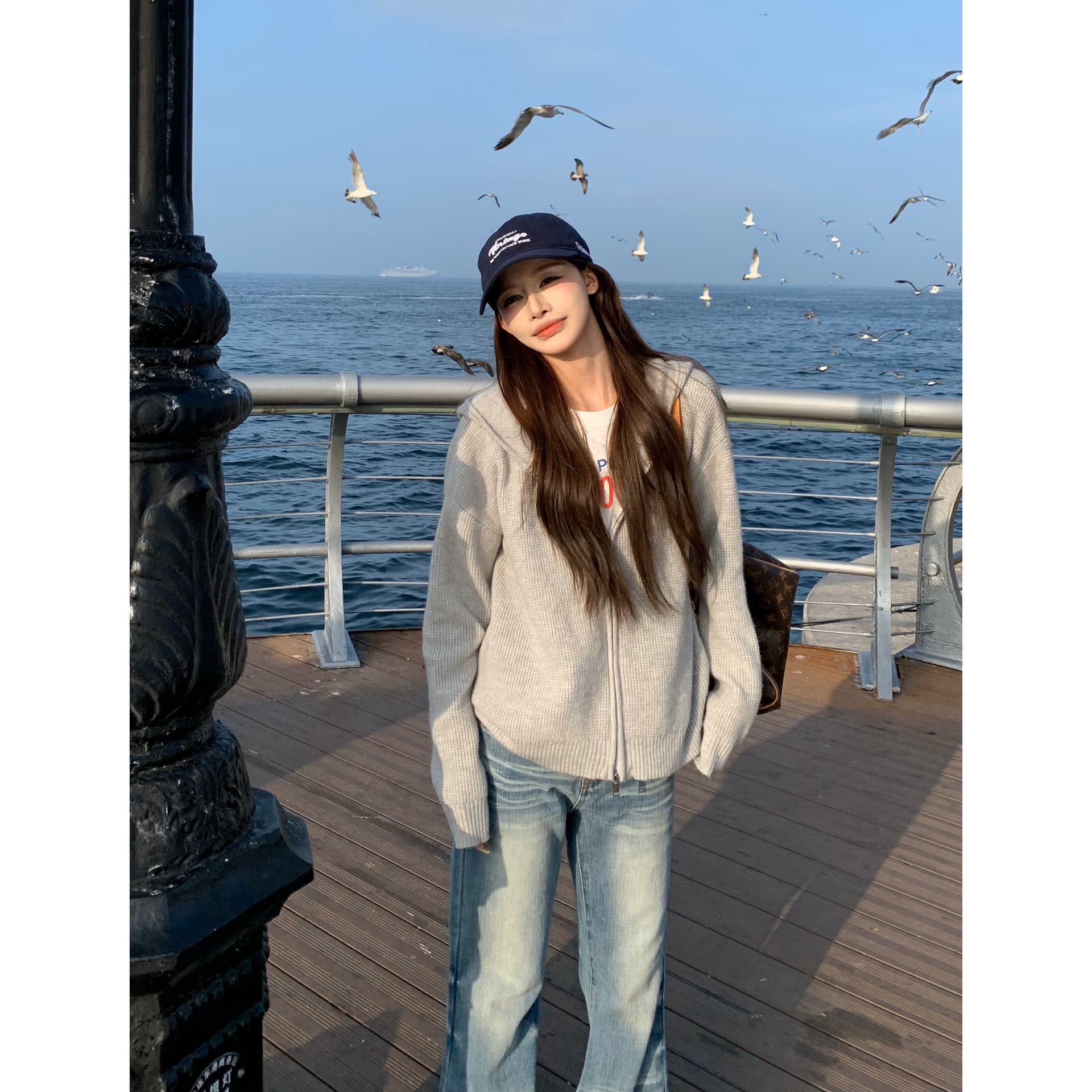 한 부서 느긋한 바람 후드 후아 남편 그리드 니트 오픈 가디건 여성 회색 더블 지퍼 루즈핏 스웨터 코트 이미지 5