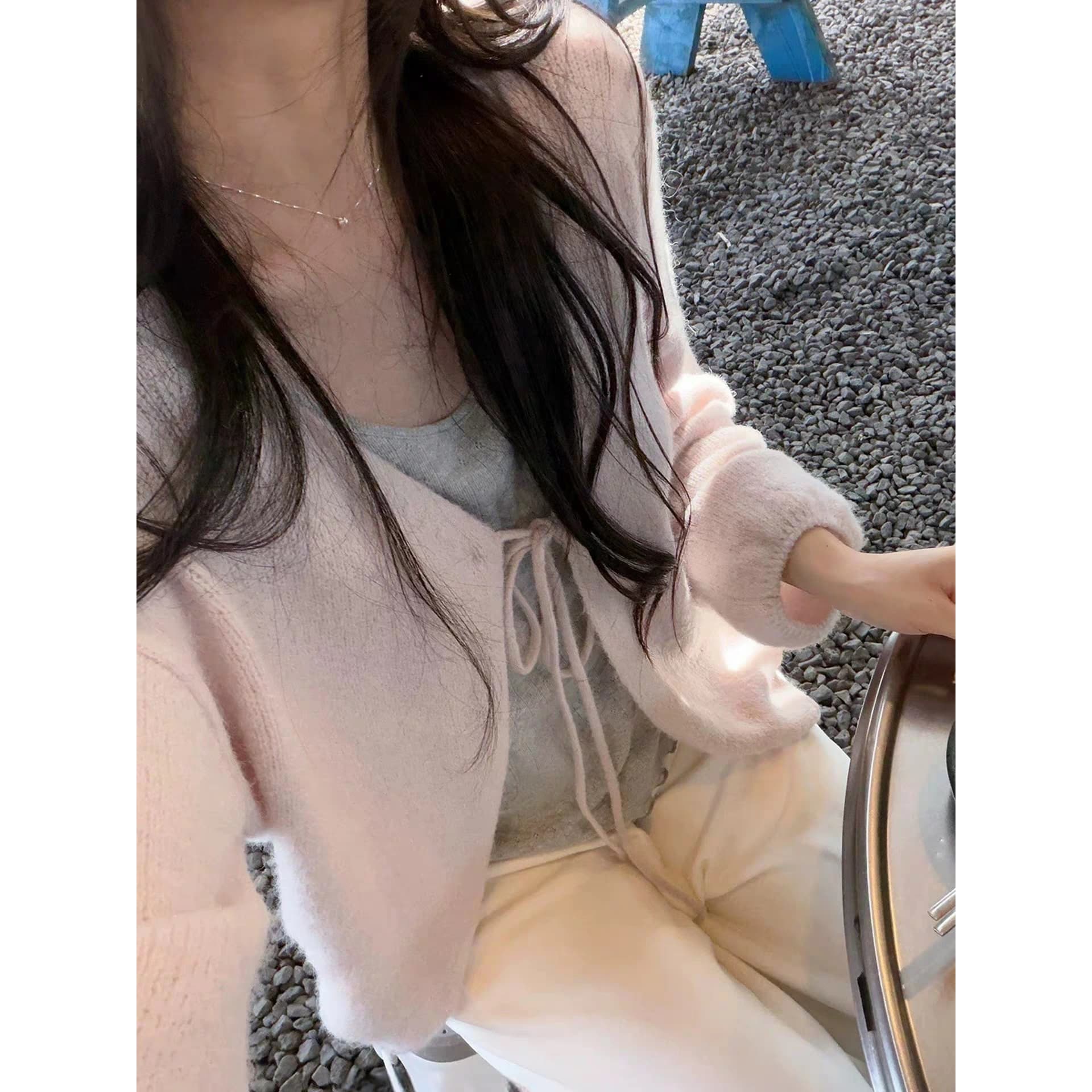 한 부서 품격 스트랩 디자인 긴팔 니트 오픈 가디건 여성 이른 가을 느긋한 바람 루즈핏 슬림해 보이는 스웨터 코트 맨위 이미지 5