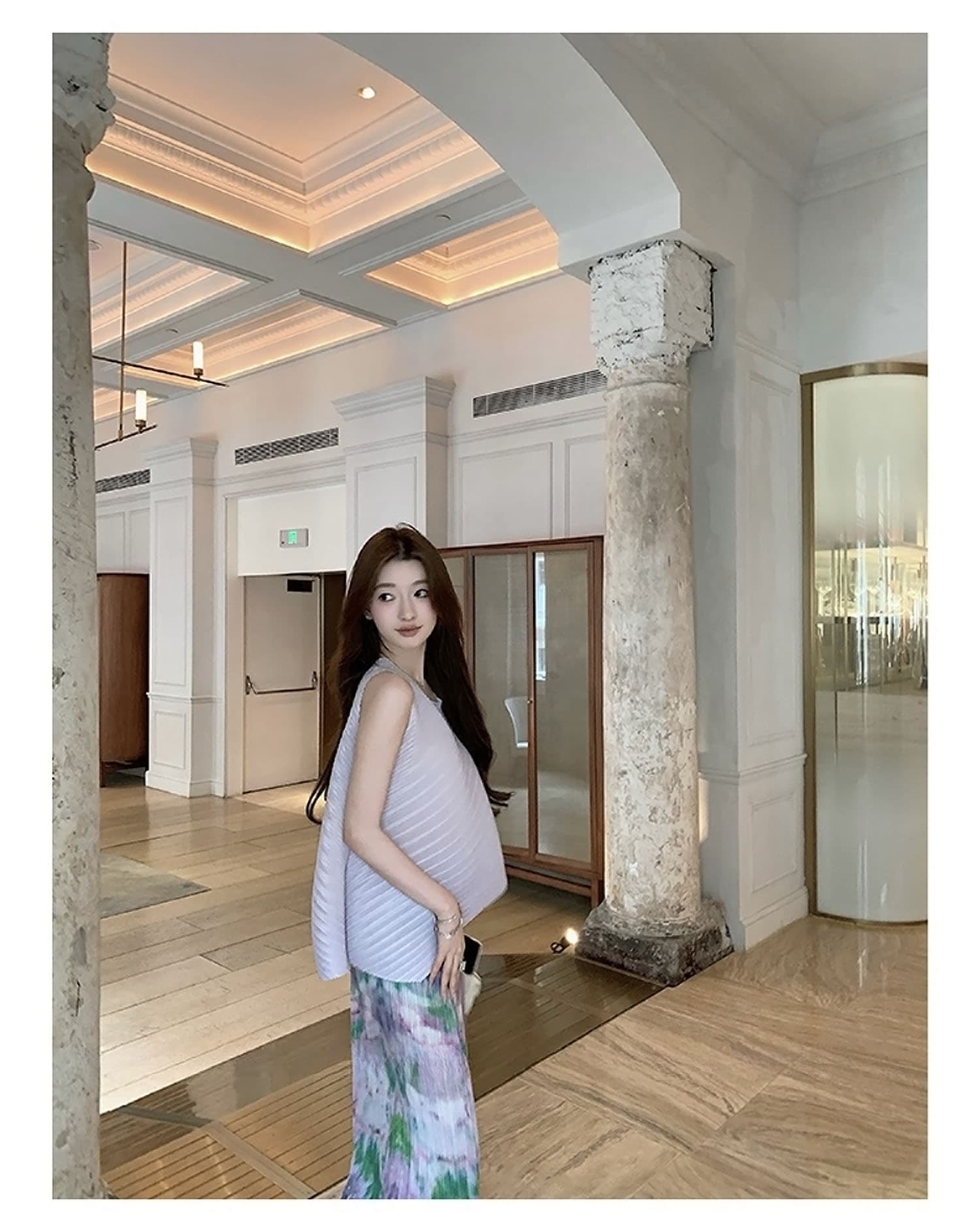 디자인 센스 세 하우스 질감 센스 플리츠 민소매 맨위 꽃무늬 술 반신 스커트 패션 세트 상세 이미지 36