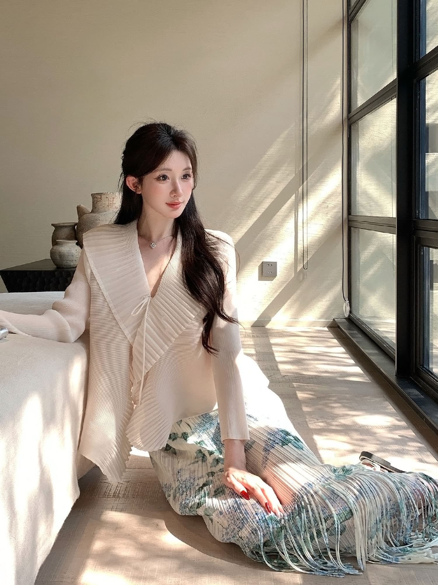맞춤 빅 사이즈 품격 프릴 플리츠 V넥 긴팔 맨위 여성 프린트 술 반신 치마 세트