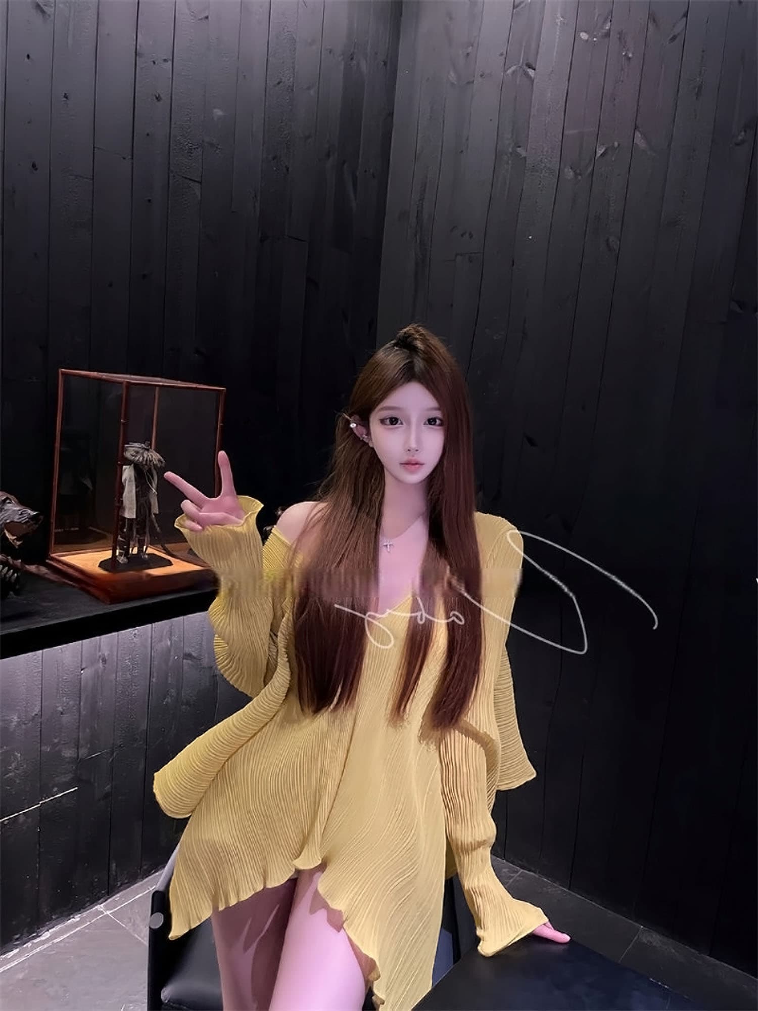 겨자 황색 장기 플리츠 긴팔 풀오버 불규칙 디자인 셔츠 태양 보호 셔츠 루즈핏 중간 길이 쉬폰 블라우스 맨위 상세 이미지 9