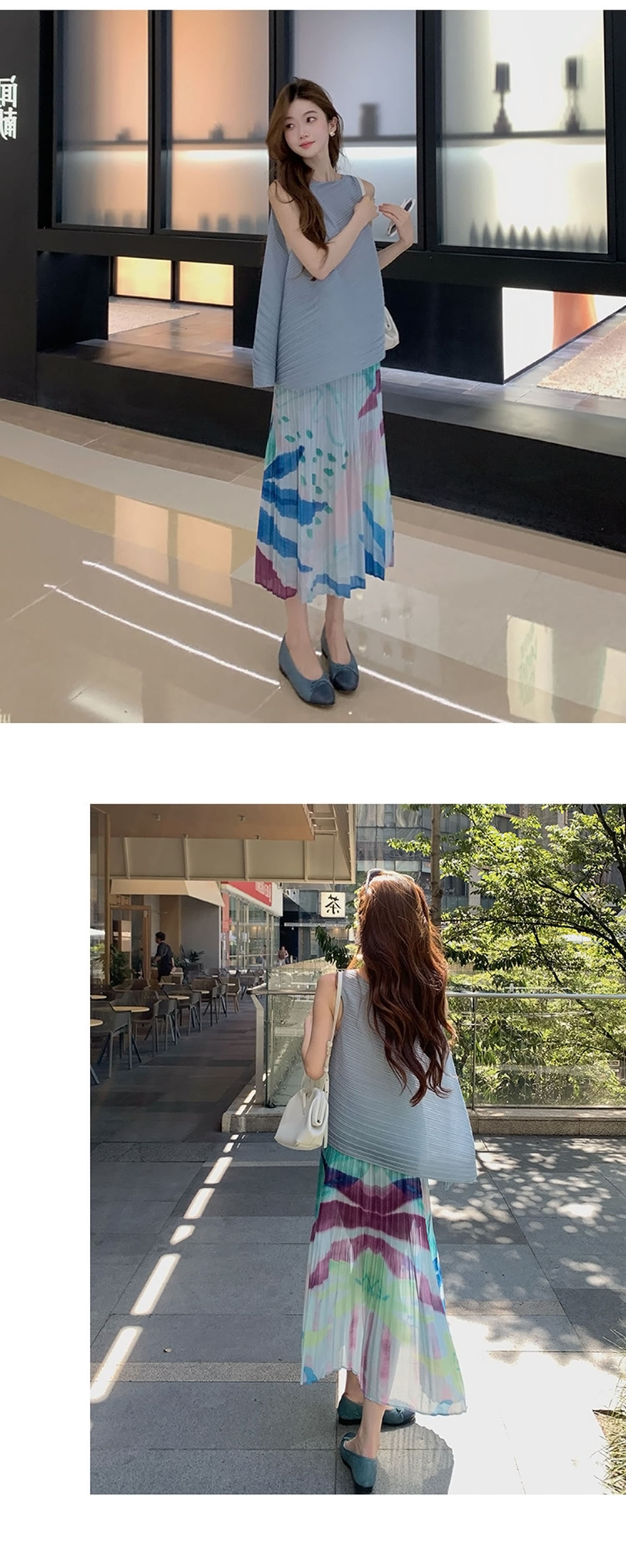 작은 키 품격 비스듬한 자르다 플리츠 민소매 조끼 여성 여름 유화 센스 반신 스커트 투피스 세트 상세 이미지 8
