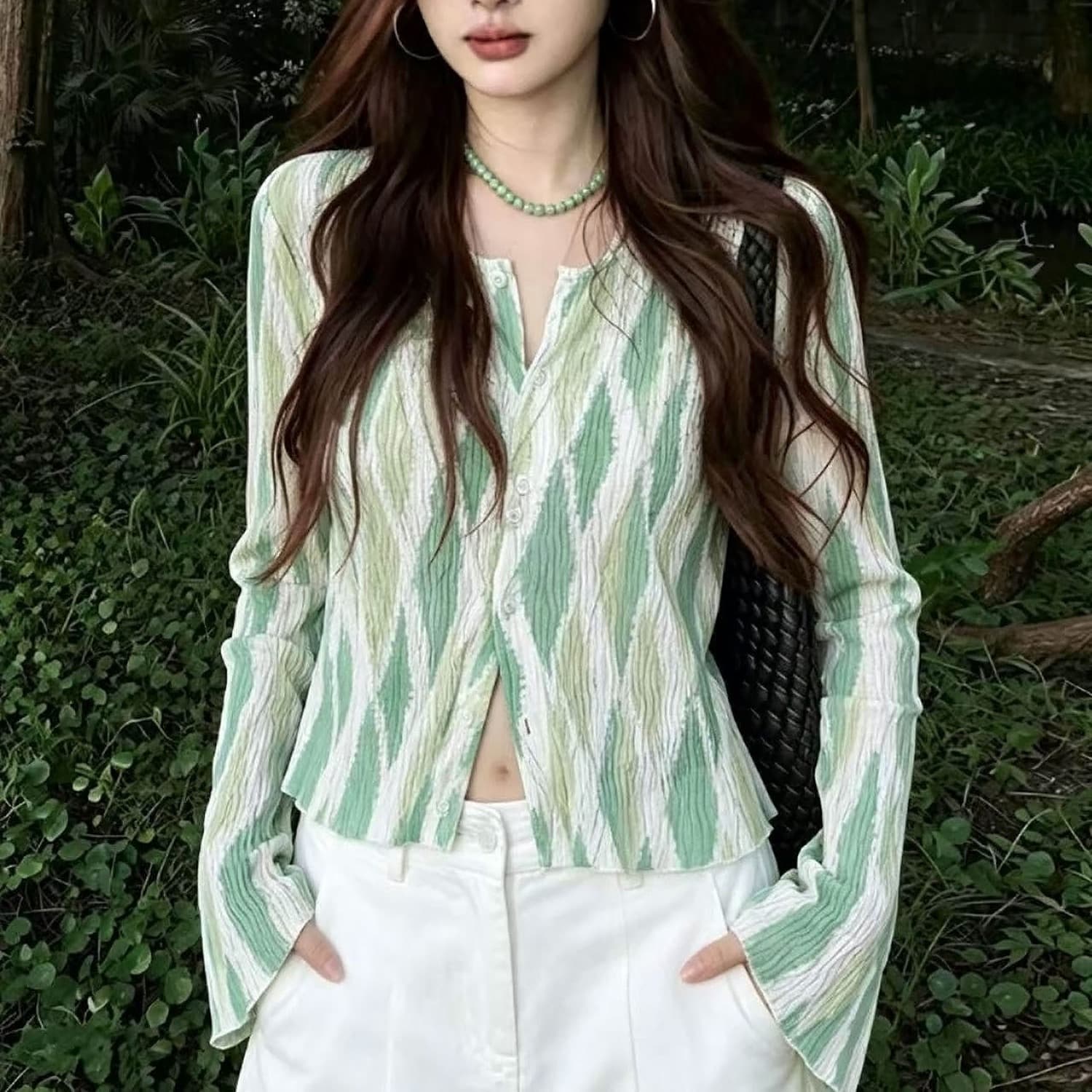 한 부서 작은 청신 질감 센스 나팔 소매 오픈 가디건 여성 셔츠 여름 새로운 휴가 바람 착용 가져 가라. 쇼트 스타일 맨위 트렌디 이미지 6