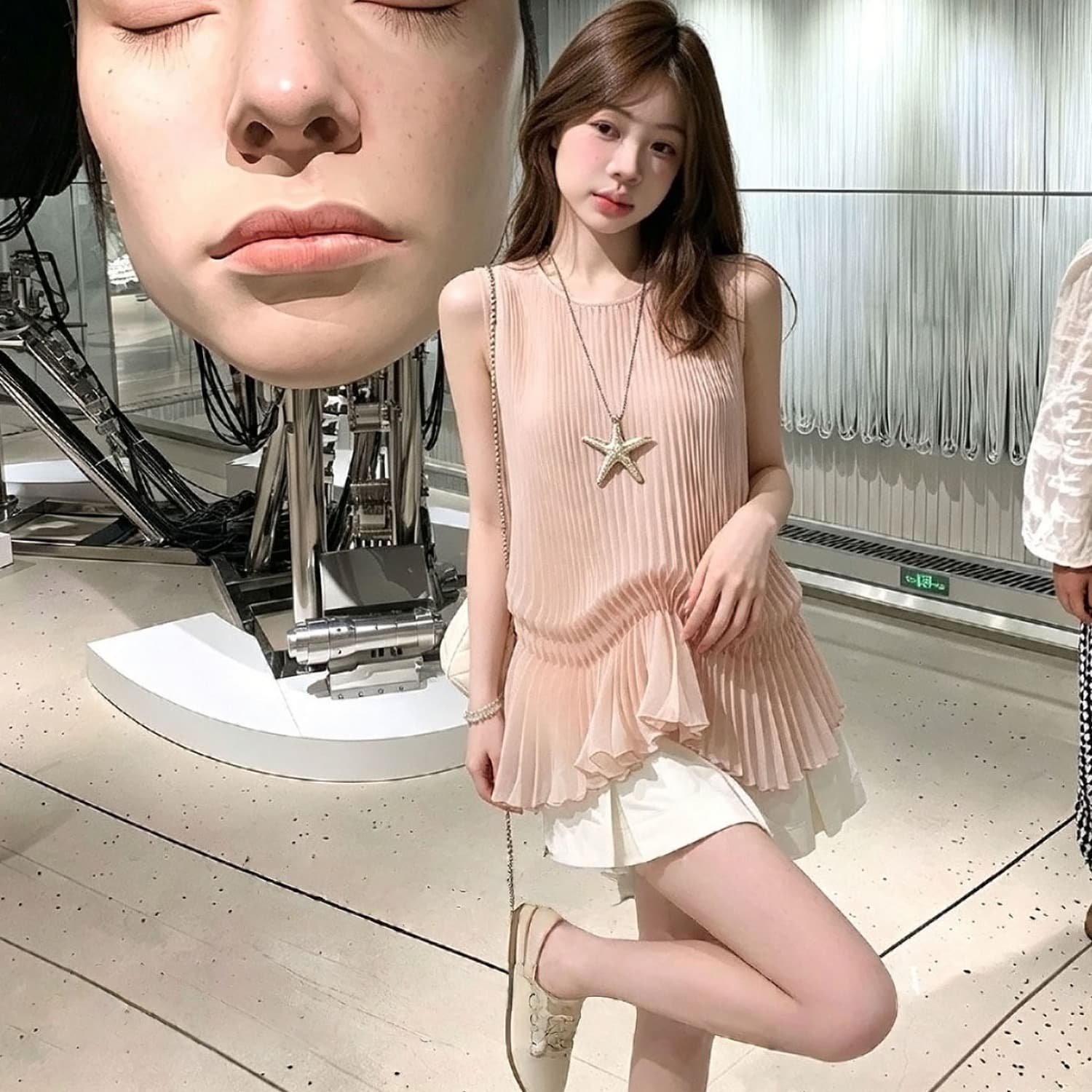 Pleat 그림자 암퇘지 빛 무거운 작업 플리츠 구슬 빛 센스 라운드 넥 민소매 인형 셔츠 맨위 여성 여름 이미지 3