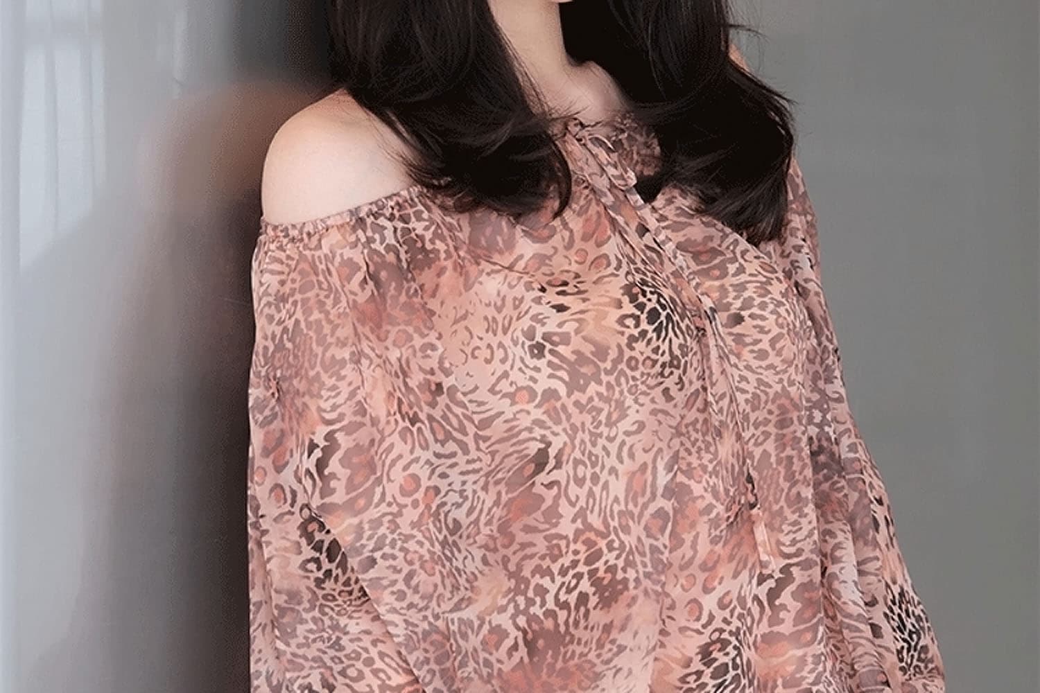 아메리칸 달콤한 매운맛 섹시함 오프숄더 레오파드 무늬 쉬폰 블라우스 긴팔 봄 여름 디자인 센스 오프숄더 루즈핏 고급 센스 맨위 상세 이미지 31