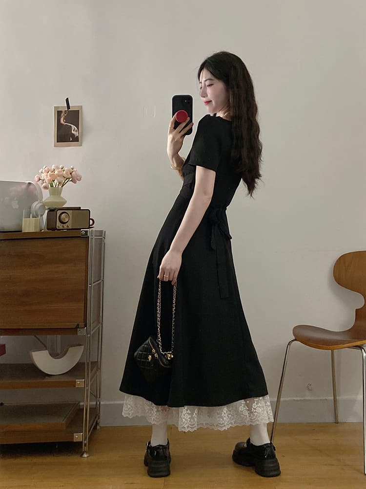 실사 재고 상품 1800 조각 빅 사이즈 여성 의류 프랑스식 품격 광장 칼라 체크무늬 스트랩 디자인 센스 패션 여성 드레스 상세 이미지 14