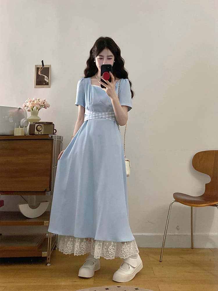 실사 재고 상품 1800 조각 빅 사이즈 여성 의류 프랑스식 품격 광장 칼라 체크무늬 스트랩 디자인 센스 패션 여성 드레스 상세 이미지 22