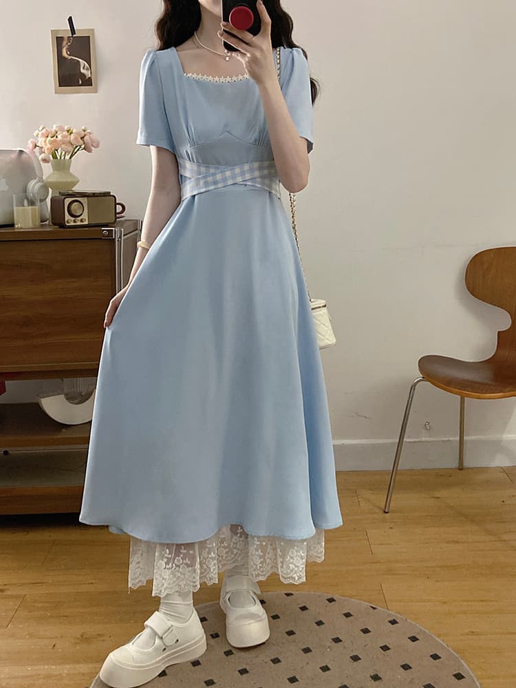 실사 재고 상품 1800 조각 빅 사이즈 여성 의류 프랑스식 품격 광장 칼라 체크무늬 스트랩 디자인 센스 패션 여성 드레스 상세 이미지 24