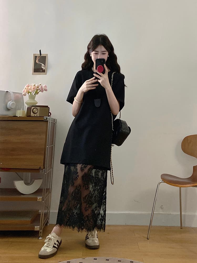 실사 빅 사이즈 여성 의류 대비 부적 고급 센스 검정색 티셔츠 레이스 반 스커트 세트 지방 mm 두 조각 여성 세트 상세 이미지 7
