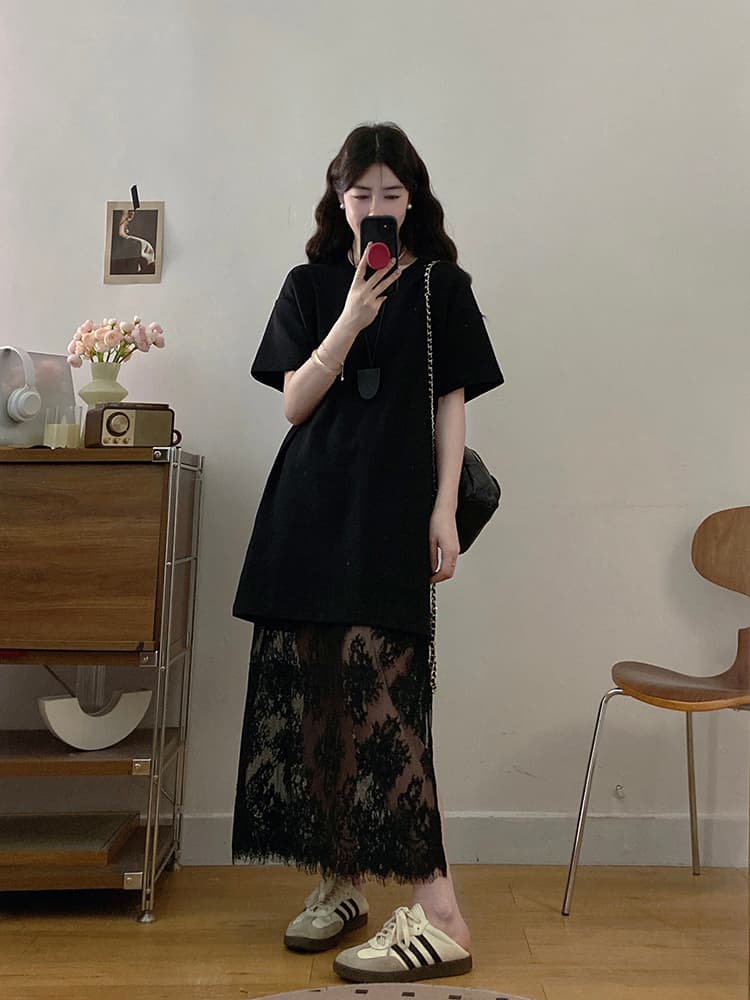 실사 빅 사이즈 여성 의류 대비 부적 고급 센스 검정색 티셔츠 레이스 반 스커트 세트 지방 mm 두 조각 여성 세트 상세 이미지 11