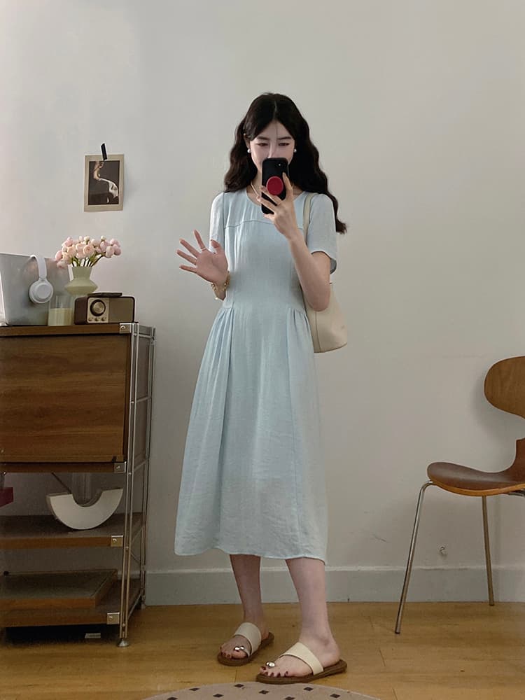 실사 빅 사이즈 여성 의류 프랑스식 라운드 넥 파란색 반팔 드레스 지방 mm 허리 수축 슬림해 보이는 품격 길다 치마 요정 상세 이미지 5