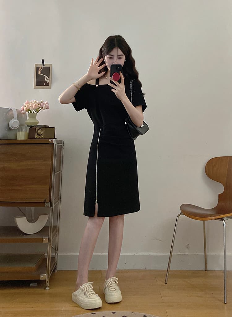 실사 재고 상품 1500 개 빅 사이즈 여성 의류 디자인 센스 오프숄더 반팔 드레스 지방 mm 숨기기 고기 슬림해 보이는 여성의 아파트 꿀 치마 상세 이미지 16