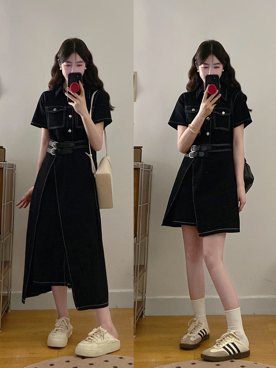 실사 빅 사이즈 여성 의류 데님 여행자 홍콩 느낌 미니멀리즘 레트로 스타일 하나 슬라이스 허리 수축 슬림해 보이는 드레스 지방 mm