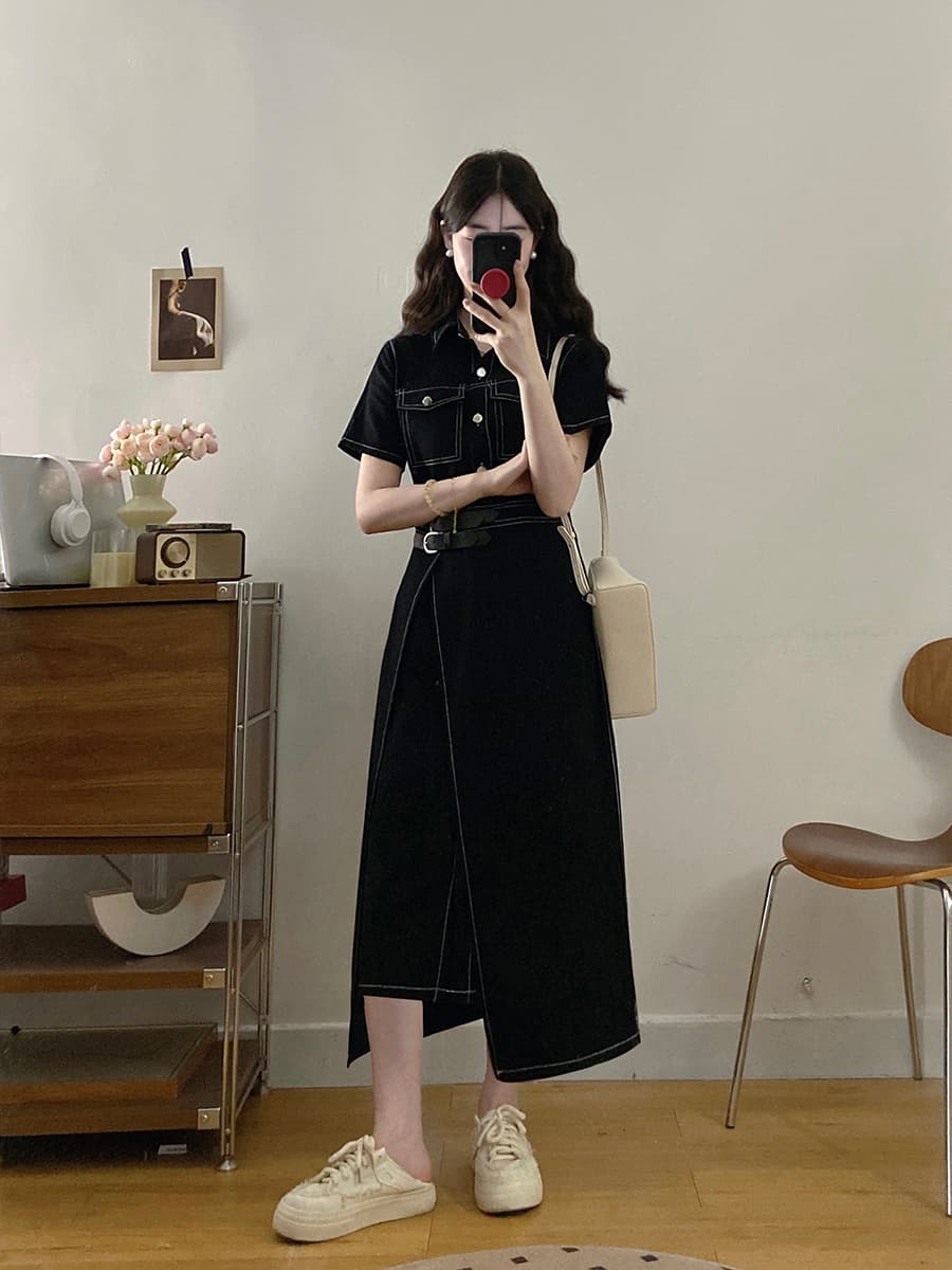 실사 빅 사이즈 여성 의류 데님 여행자 홍콩 느낌 미니멀리즘 레트로 스타일 하나 슬라이스 허리 수축 슬림해 보이는 드레스 지방 mm 이미지 2