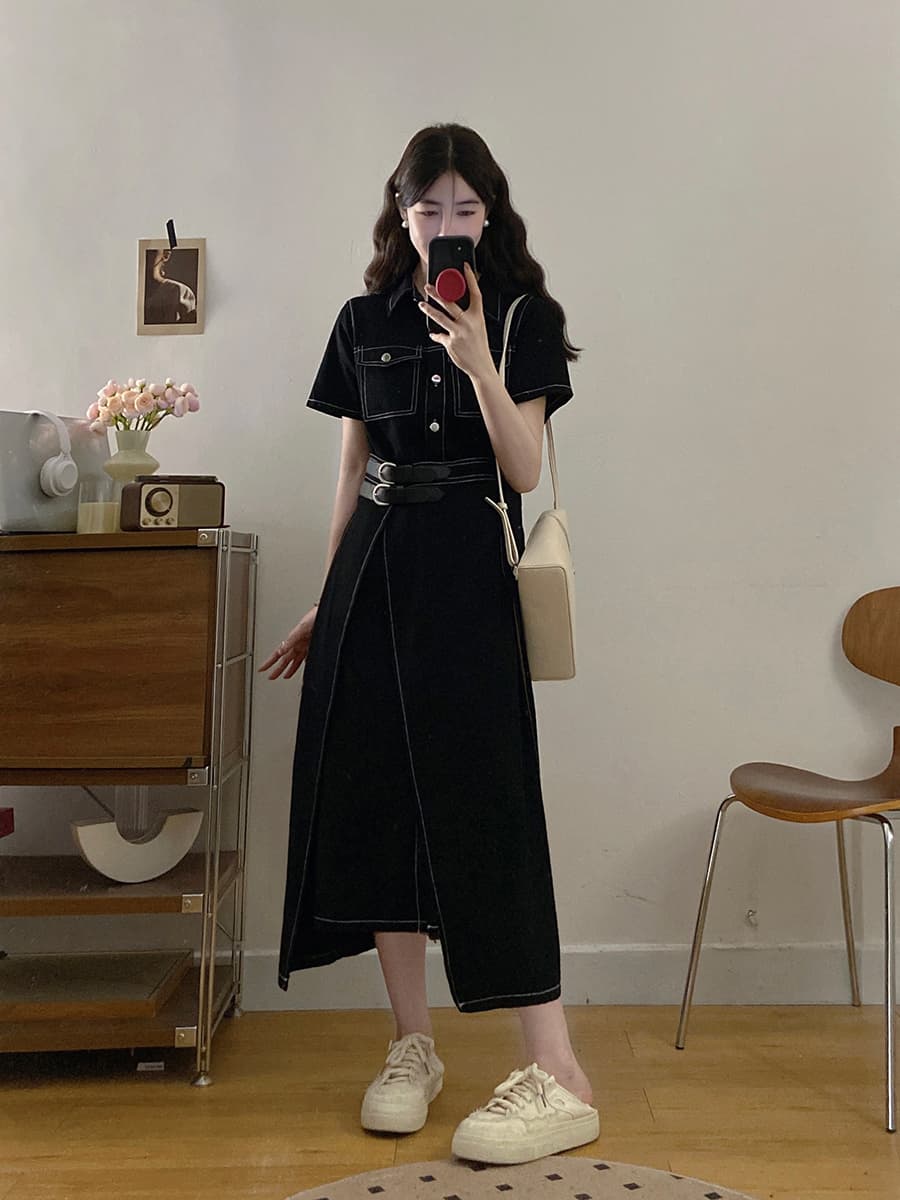 실사 빅 사이즈 여성 의류 데님 여행자 홍콩 느낌 미니멀리즘 레트로 스타일 하나 슬라이스 허리 수축 슬림해 보이는 드레스 지방 mm 이미지 4