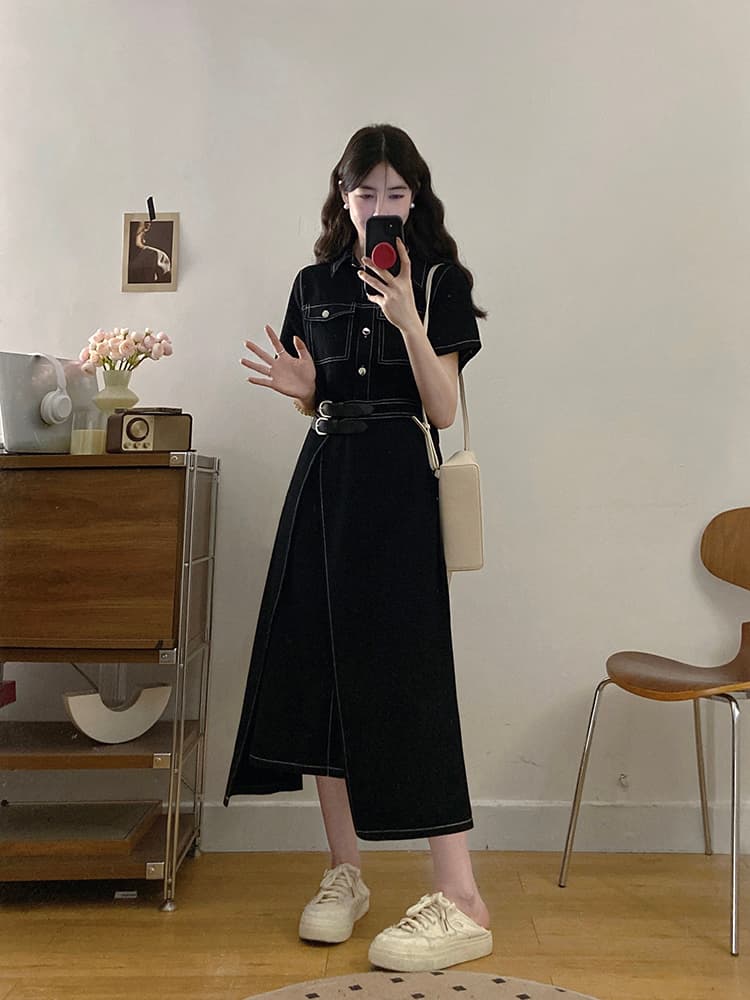 실사 빅 사이즈 여성 의류 데님 여행자 홍콩 느낌 미니멀리즘 레트로 스타일 하나 슬라이스 허리 수축 슬림해 보이는 드레스 지방 mm 상세 이미지 13
