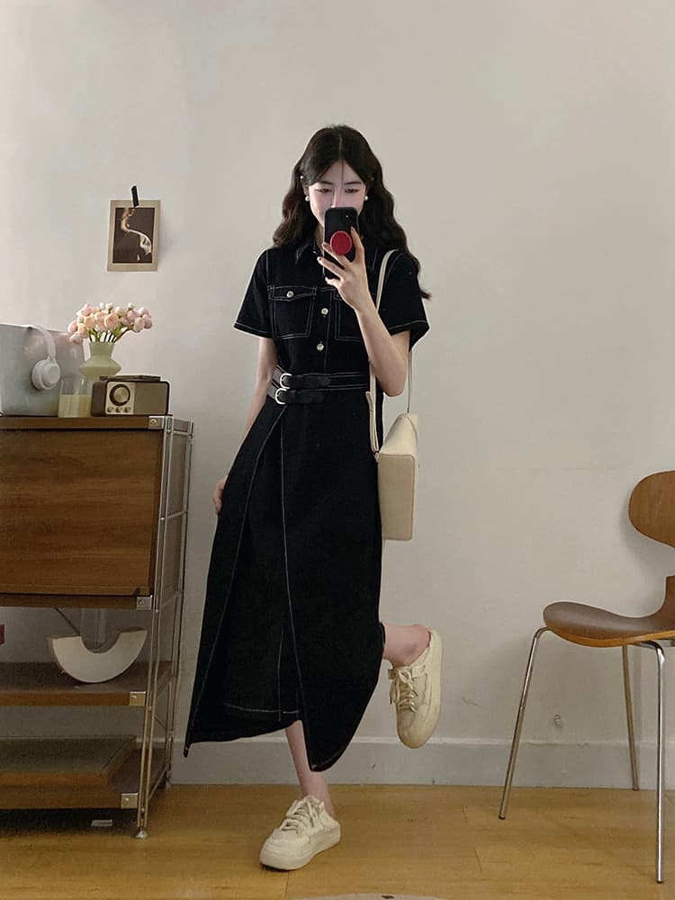 실사 빅 사이즈 여성 의류 데님 여행자 홍콩 느낌 미니멀리즘 레트로 스타일 하나 슬라이스 허리 수축 슬림해 보이는 드레스 지방 mm 상세 이미지 15