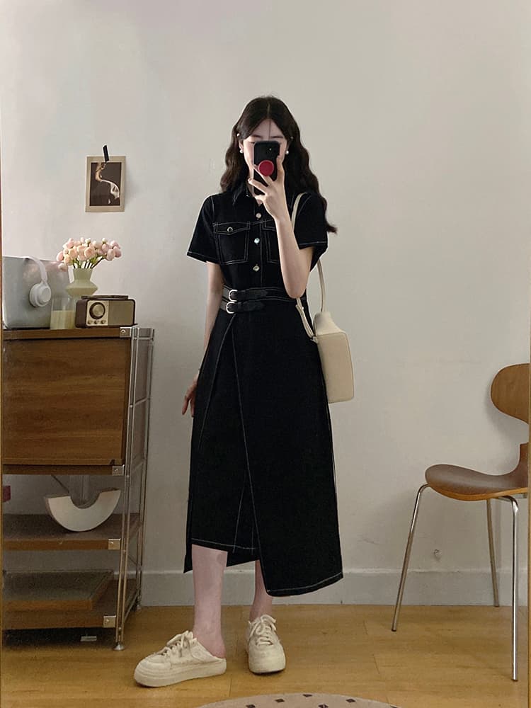 실사 빅 사이즈 여성 의류 데님 여행자 홍콩 느낌 미니멀리즘 레트로 스타일 하나 슬라이스 허리 수축 슬림해 보이는 드레스 지방 mm 상세 이미지 16