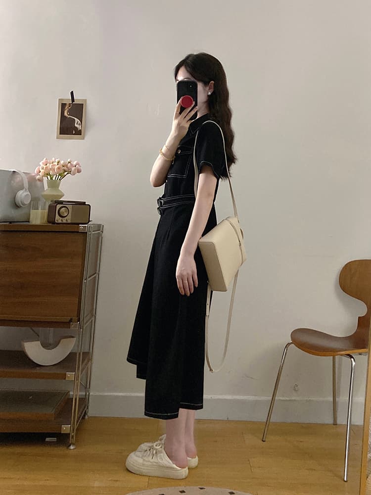 실사 빅 사이즈 여성 의류 데님 여행자 홍콩 느낌 미니멀리즘 레트로 스타일 하나 슬라이스 허리 수축 슬림해 보이는 드레스 지방 mm 상세 이미지 17