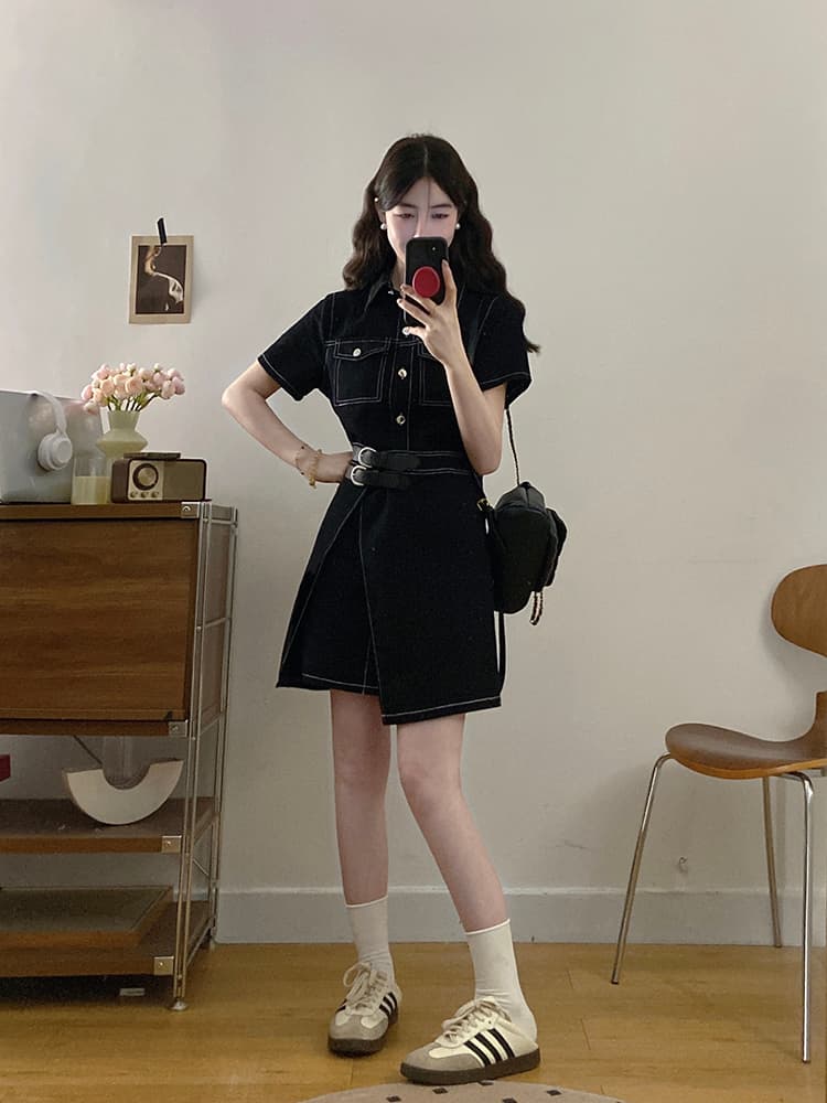 실사 빅 사이즈 여성 의류 데님 여행자 홍콩 느낌 미니멀리즘 레트로 스타일 하나 슬라이스 허리 수축 슬림해 보이는 드레스 지방 mm 상세 이미지 19
