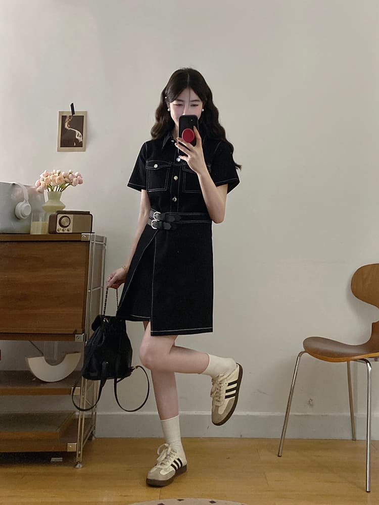 실사 빅 사이즈 여성 의류 데님 여행자 홍콩 느낌 미니멀리즘 레트로 스타일 하나 슬라이스 허리 수축 슬림해 보이는 드레스 지방 mm 상세 이미지 24