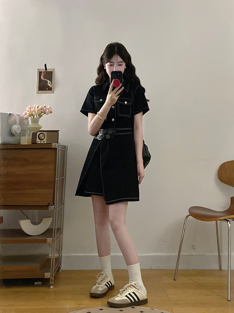 실사 빅 사이즈 여성 의류 데님 여행자 홍콩 느낌 미니멀리즘 레트로 스타일 하나 슬라이스 허리 수축 슬림해 보이는 드레스 지방 mm 상세 이미지 25